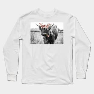 Highland Cow Landscape with Flowers Long Sleeve T-Shirt